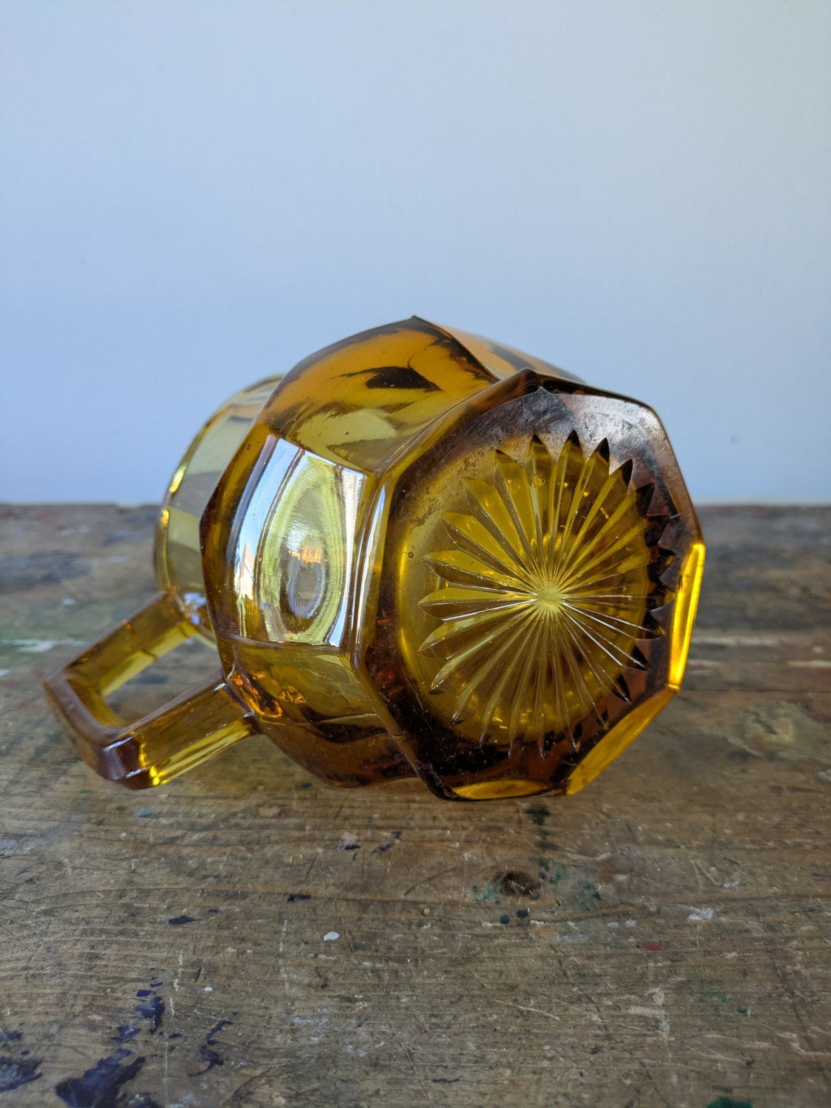 Vintage Amber Pressed Glass Water Jug Pitcher Chunky Art Deco Pitcher Vase Retro