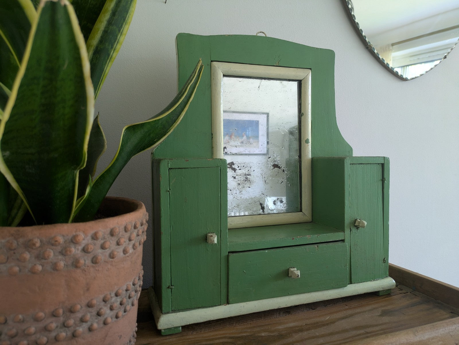 Antique Romanian Art Deco Wood Table Vanity Mirror Drawers Green Cupboard Wall