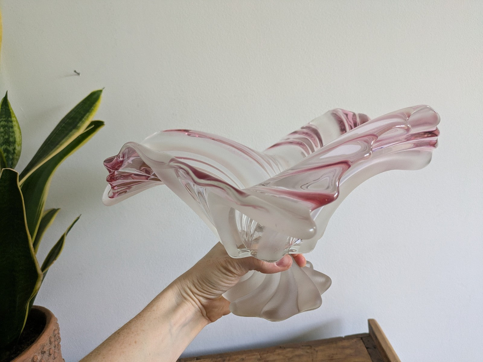 Vintage Walther Glass Belle Epoque Lead Crystal Foot Bowl 70s Red & White Large