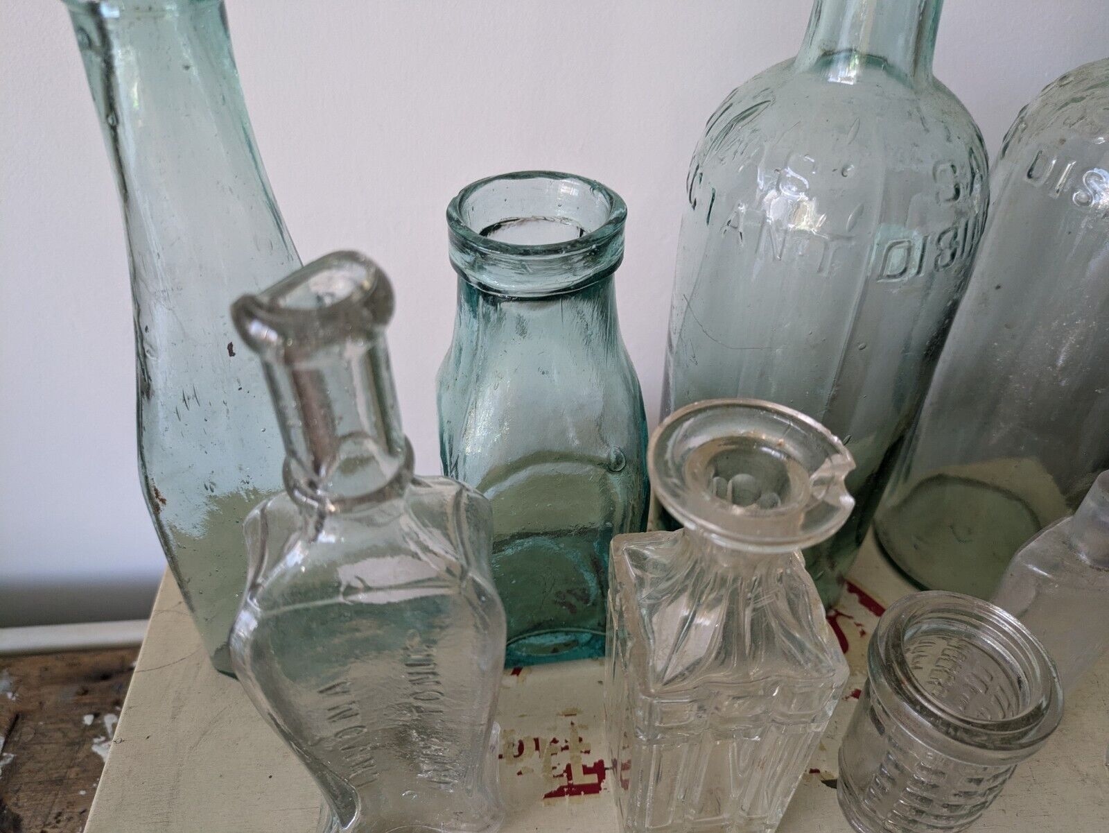 9x XL Antique Vintage Glass Bottles vase original apothecary teal disinfectant 