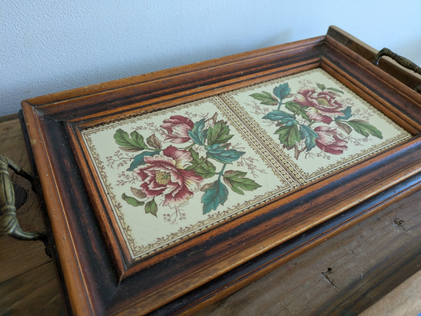 Vintage Tray Ceramic Rose Floral Tiles Wooden Frame & Brass Handles Serving Old!