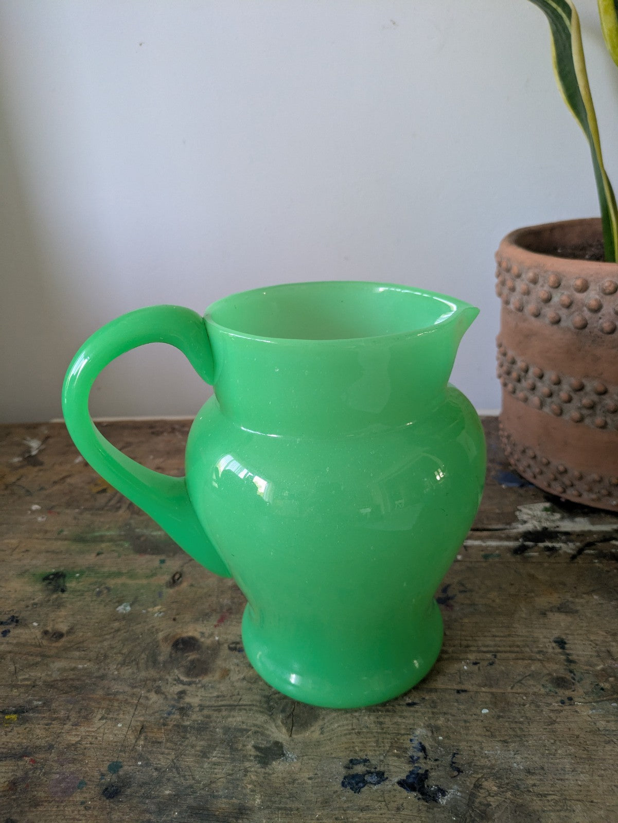 Antique Green Uranium Glass Water Jug Pitcher Jade Jadeite Art Deco Opaque Large