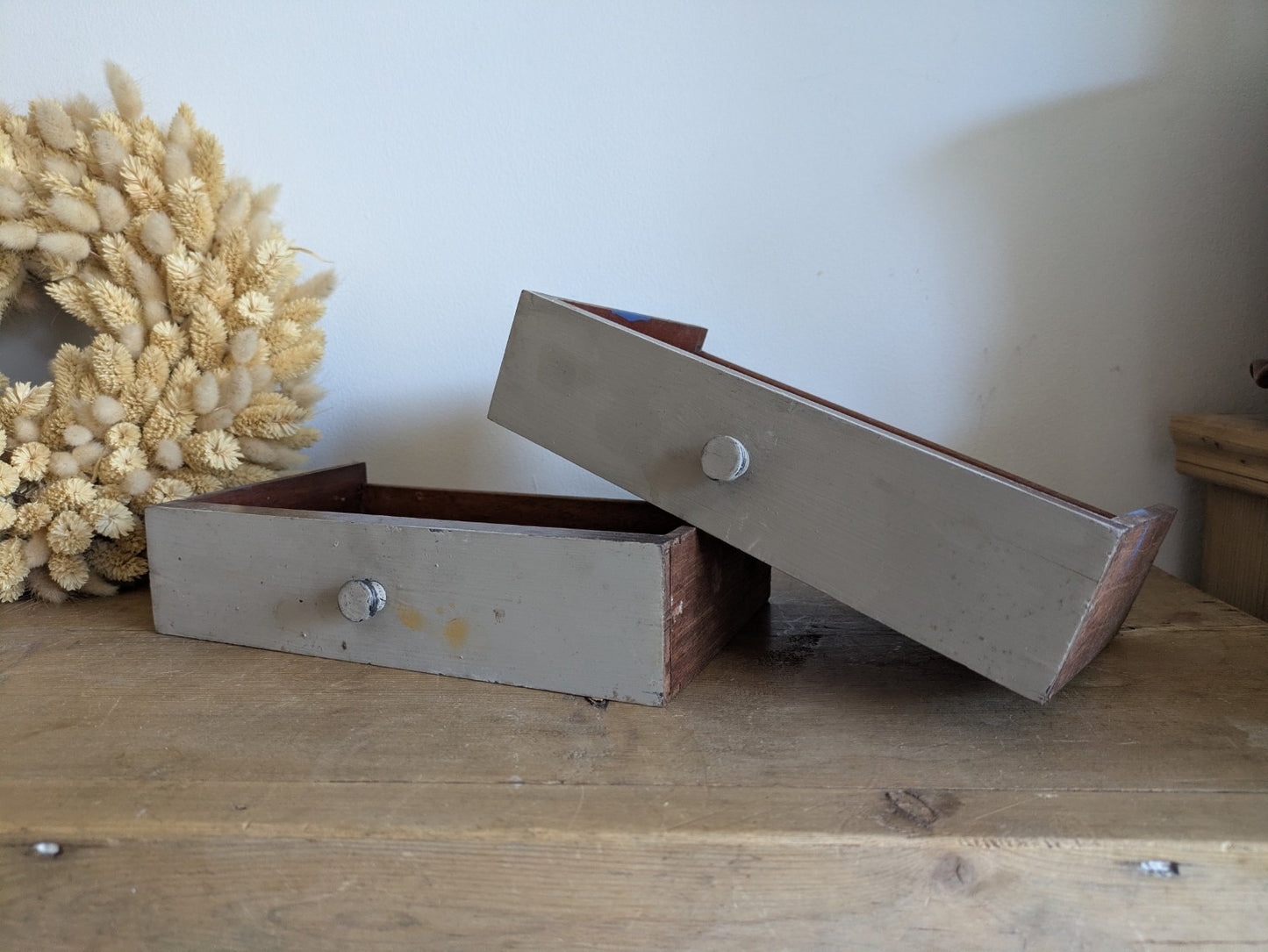 2x Vintage Wooden Engineering Boxes Drawers Apothecary Craft Display Tray Antiqu