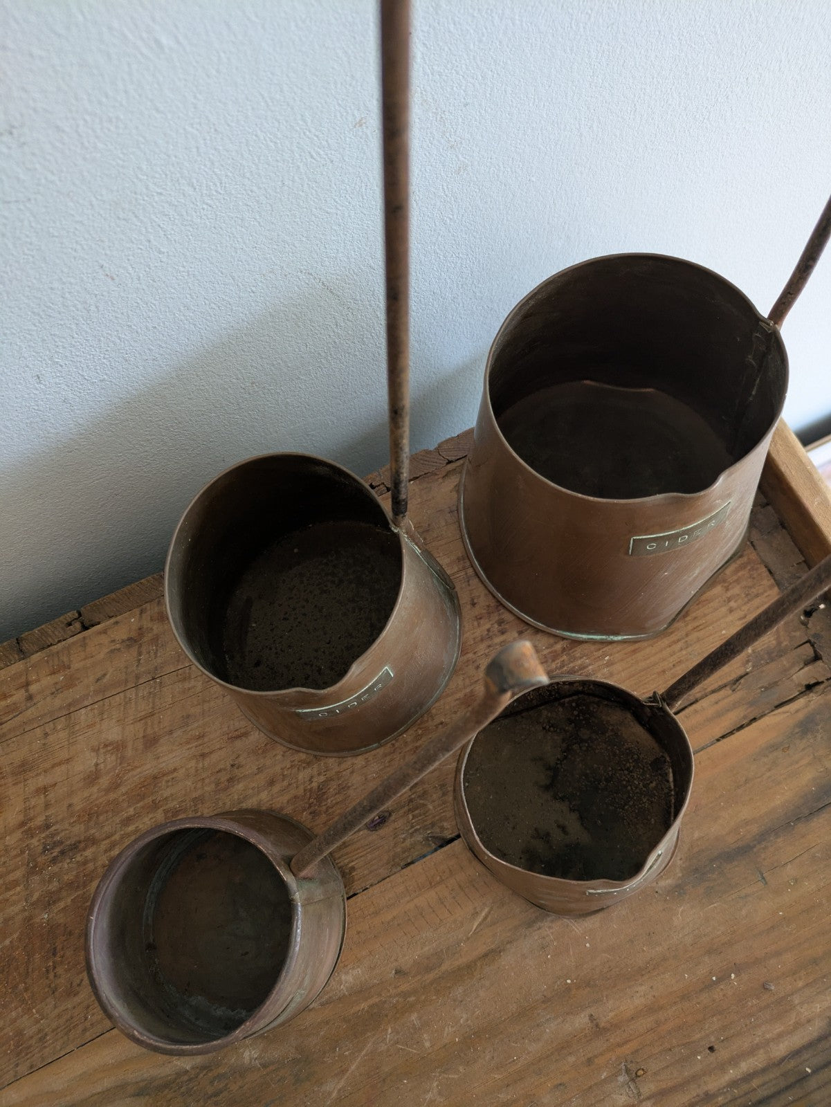 Antique Set of 4 Copper Cider Measures Long Iron Handled Ladles Jugs Cups Vintag