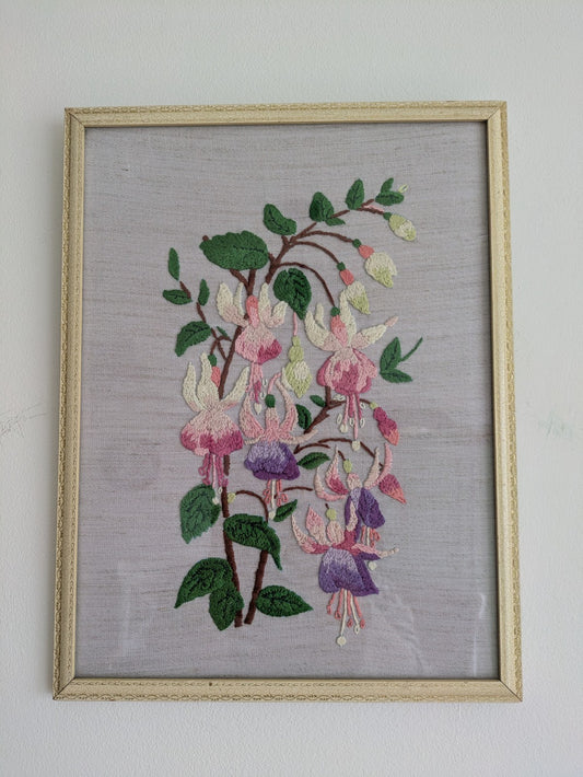 Vintage Retro Completed Embroidery Framed Florals Fuschia Flowers Art Handmade 