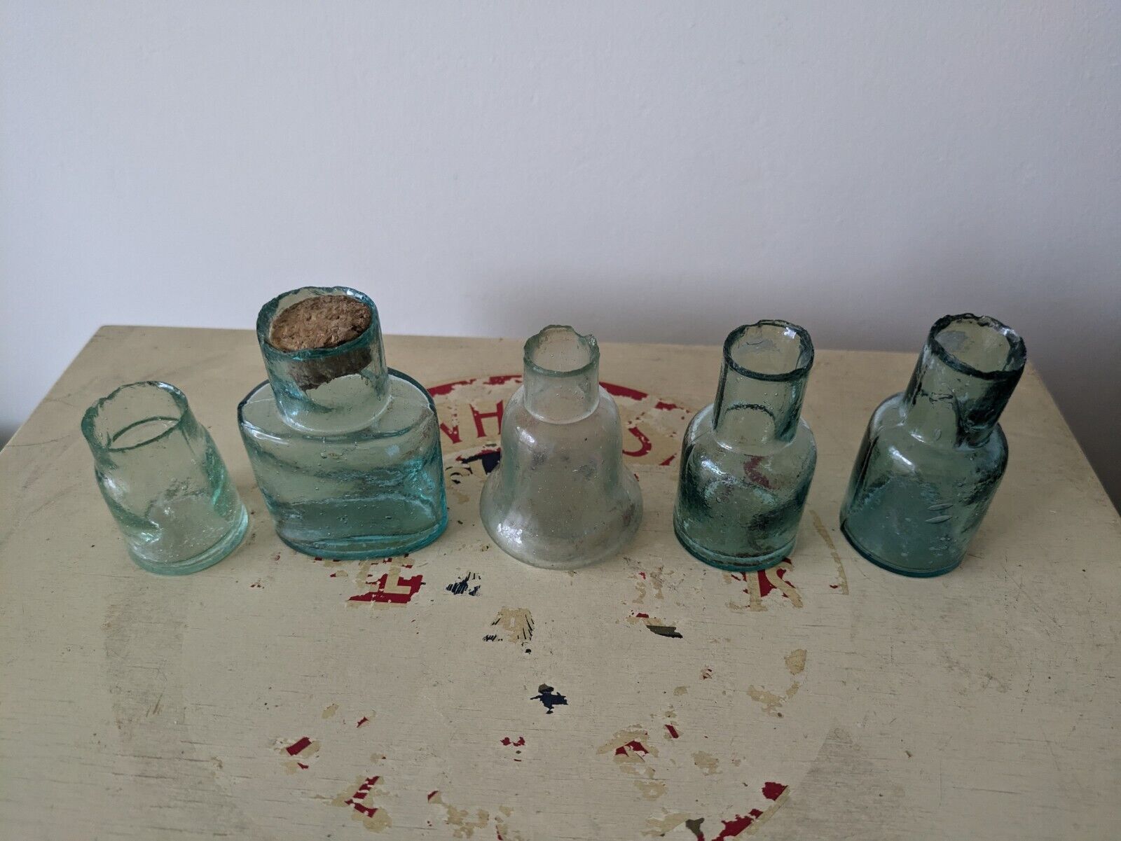 5x Antique Vintage Glass Bottles vase flower original apothecary ink old Teal