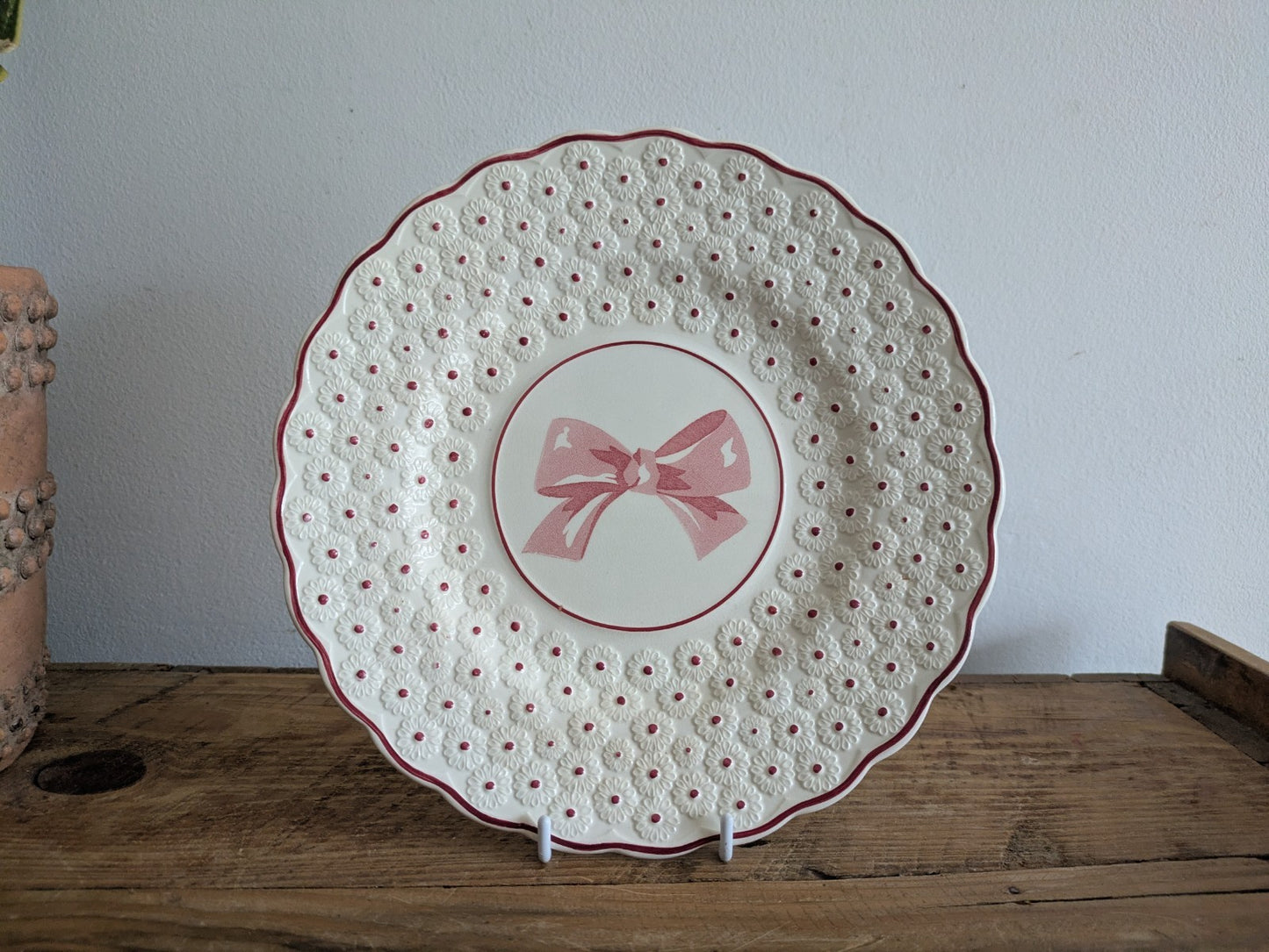 Vintage Copeland Spode Porcelain Pink Polka Dot Floral Dinner Plate Ribbon Bow 