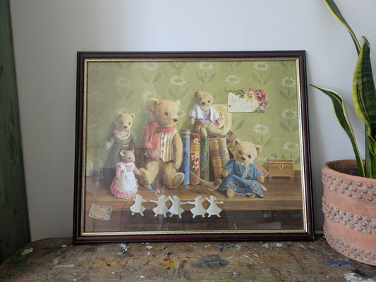 Large Vintage Deborah Jones Teddy Bear Print Framed Nursery Toys Child's Room Vg