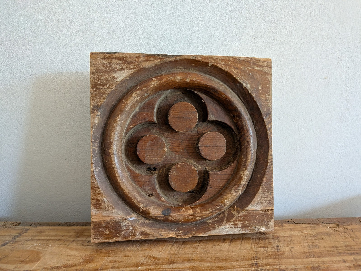 Antique Gothic Revival Panel Solid Pine Wood Salvage Pew End Piece Clover Round!