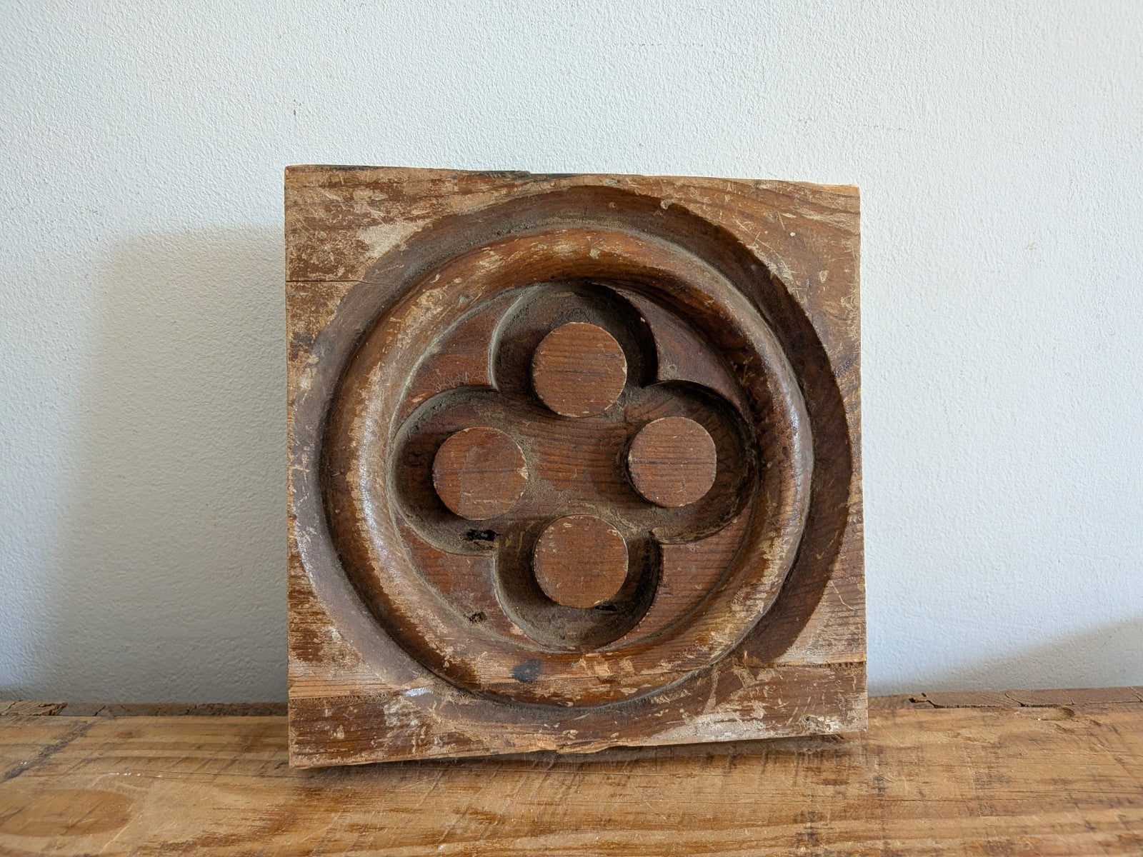 Antique Gothic Revival Panel Solid Pine Wood Salvage Pew End Piece Clover Round!