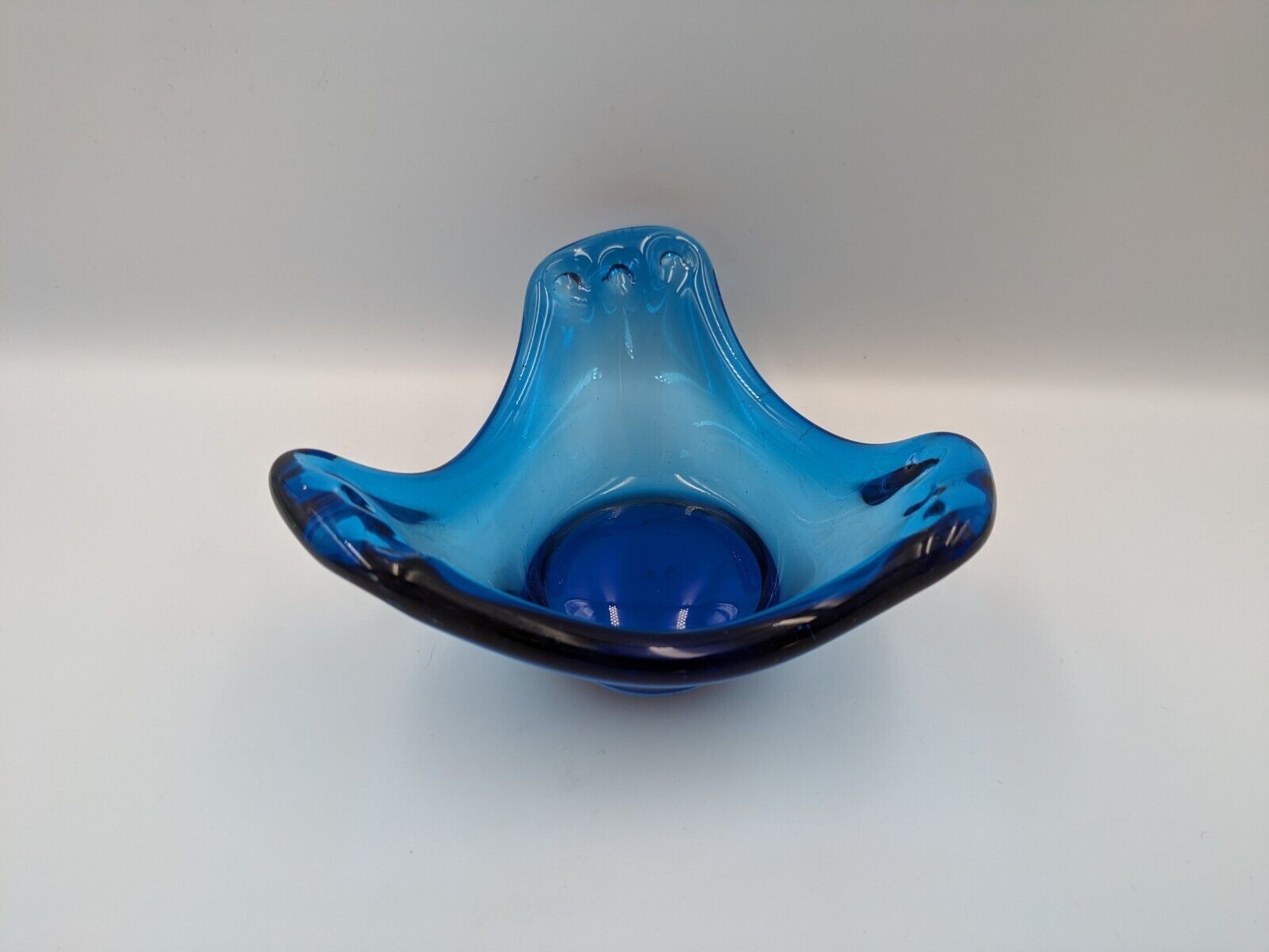 Vintage Mid Century 60s Murano Style Candy Dish Cobalt Blue Pressed Glass Retro