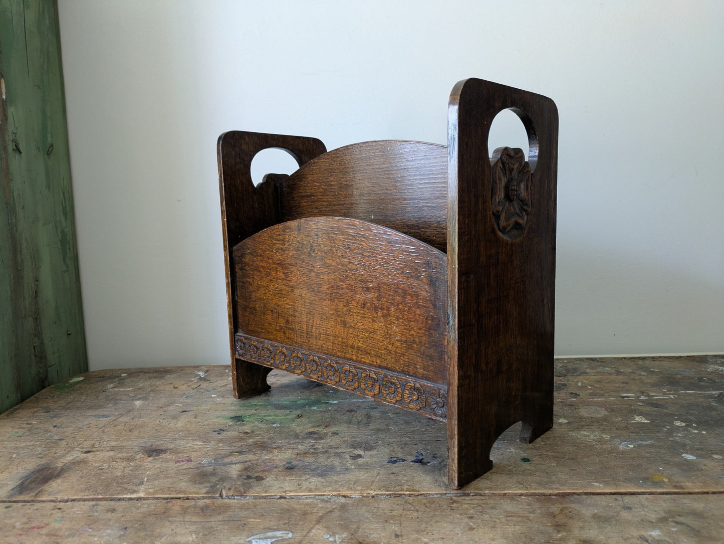 Antique Art Deco Oak Newspaper Stand 1930's Canterbury Carved Rose Magazine Rack
