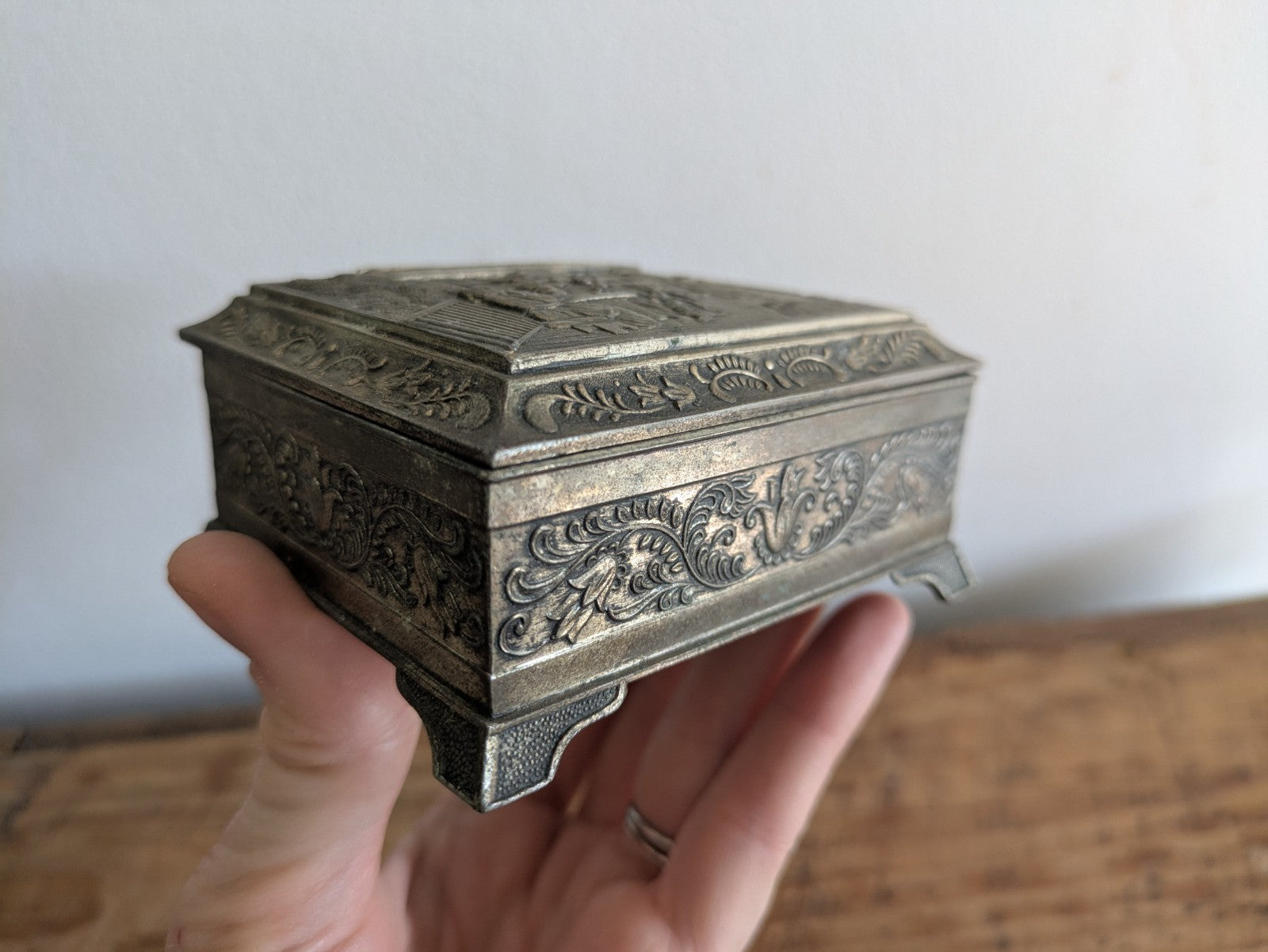 Vintage Japanese Footed Metal Jewelry Trinket Box Silver Tone Red Velvet Lining