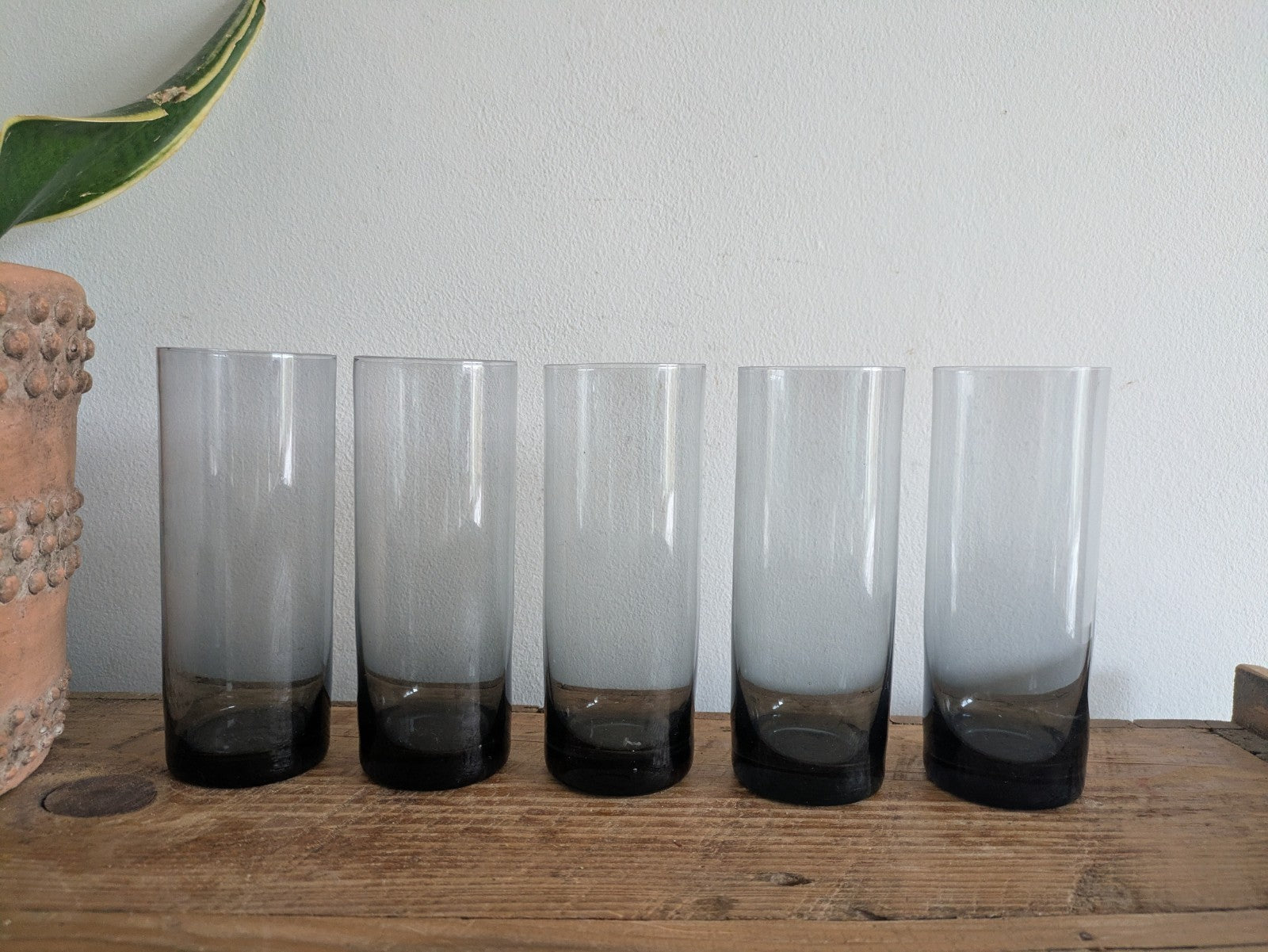Vintage Smoked Glass Tumblers Set of 5 Mid-Century - Tall Drinking Glasses MCM 
