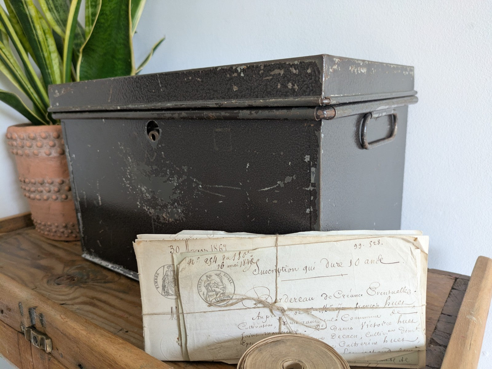 Vintage Metal Box Document Deed BOX  Grey Latch Hinged Lid Large Cash Tin File