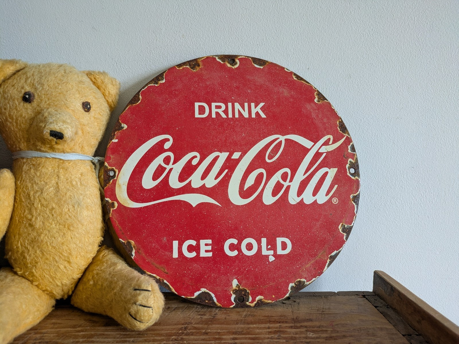 Vintage PORCELIAN COCA-COLA ENAMEL SIGN Round Advertising Metal Coke Red Wall 