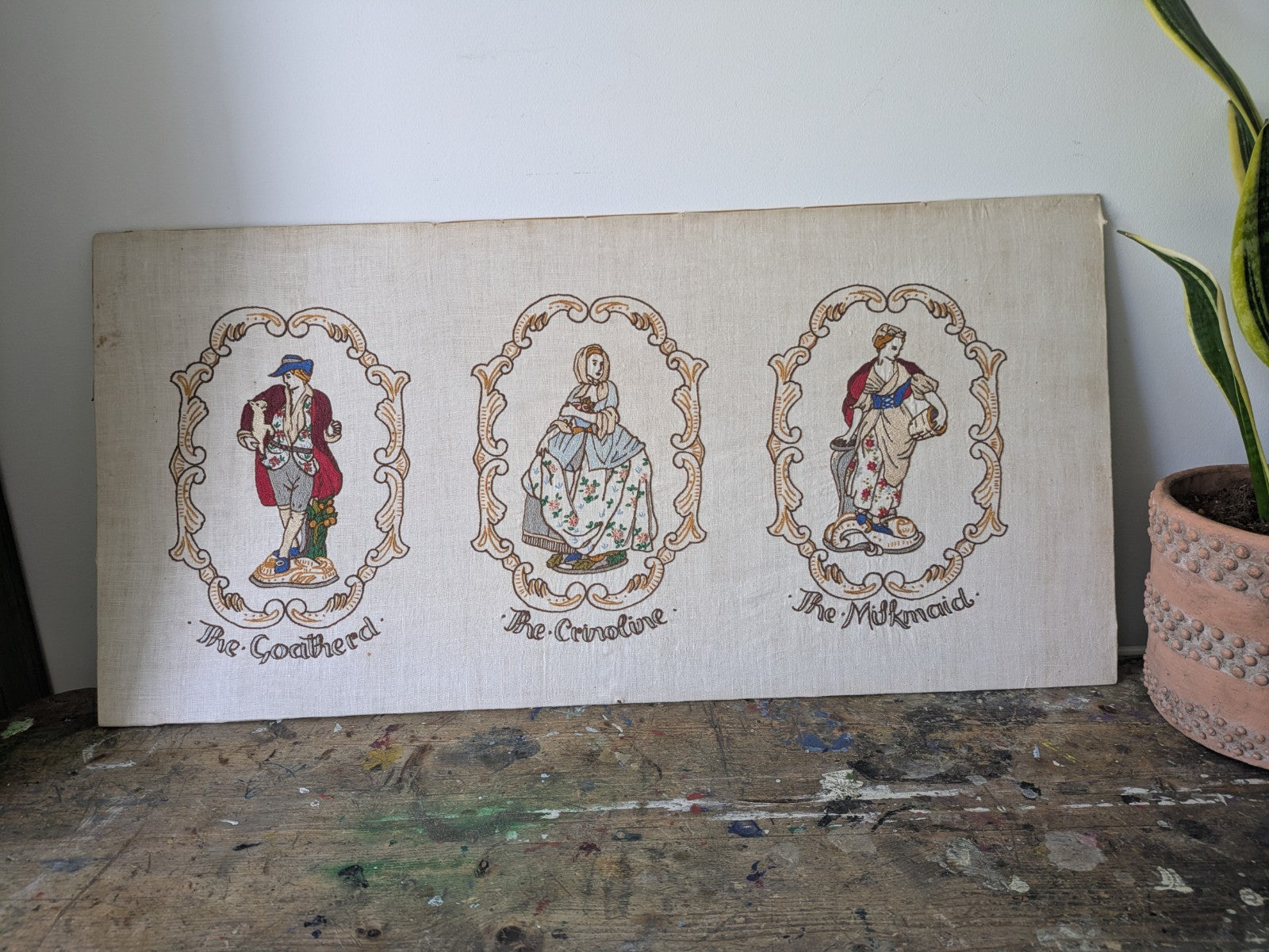 Vintage Antique Hand Embroidered Pictures of Crinoline Lady, Goatherd, Milkmaid