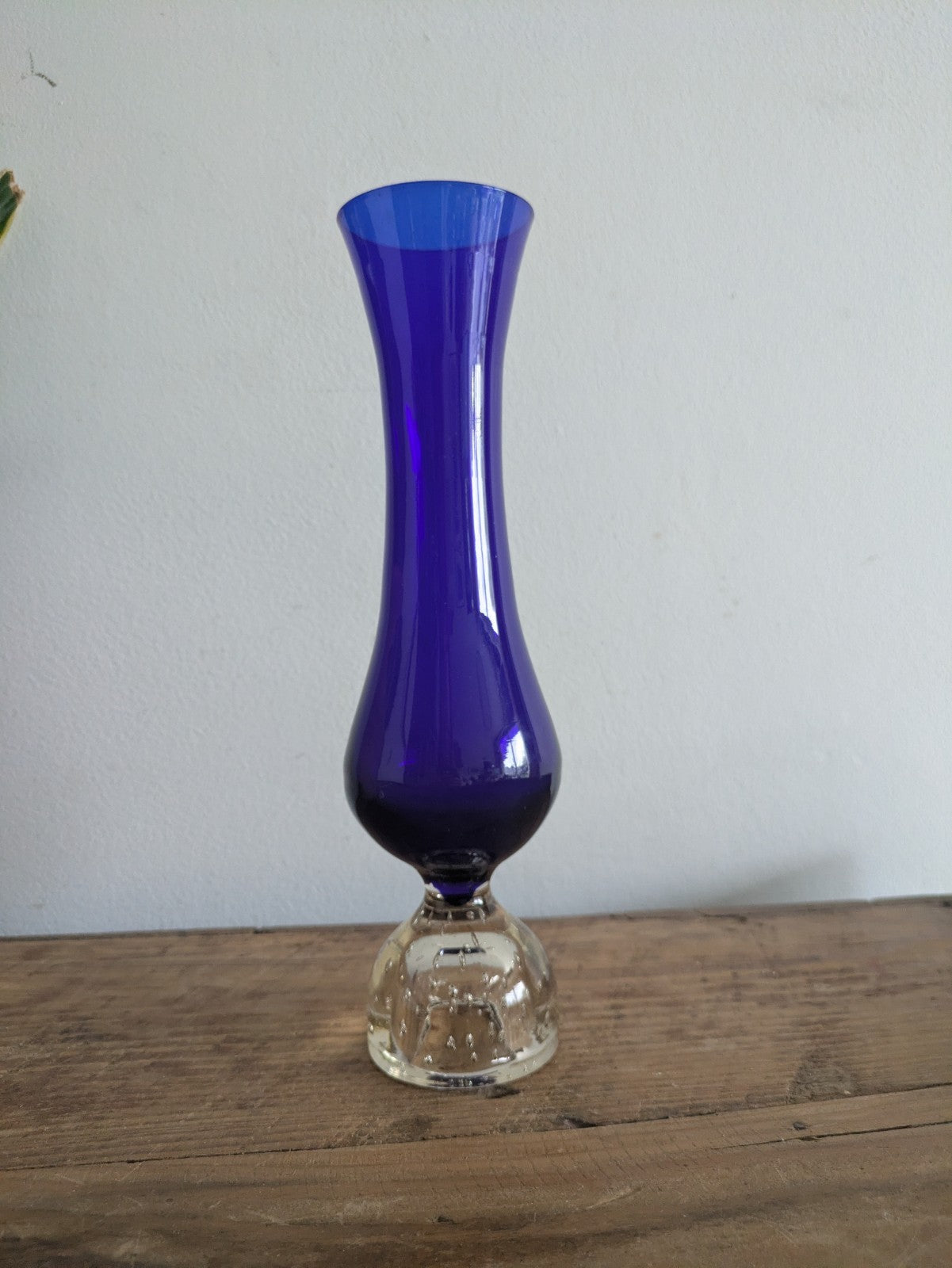 Cobalt Blue / Clear Glass Bubble Flower Stem Bud Vase Vintage Retro Mid Century 
