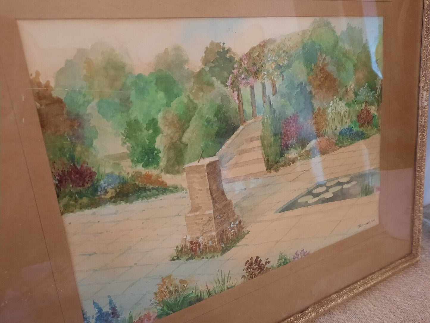 G Richardson original British 20th C Gardens Signed Watercolour floral vtg antiq