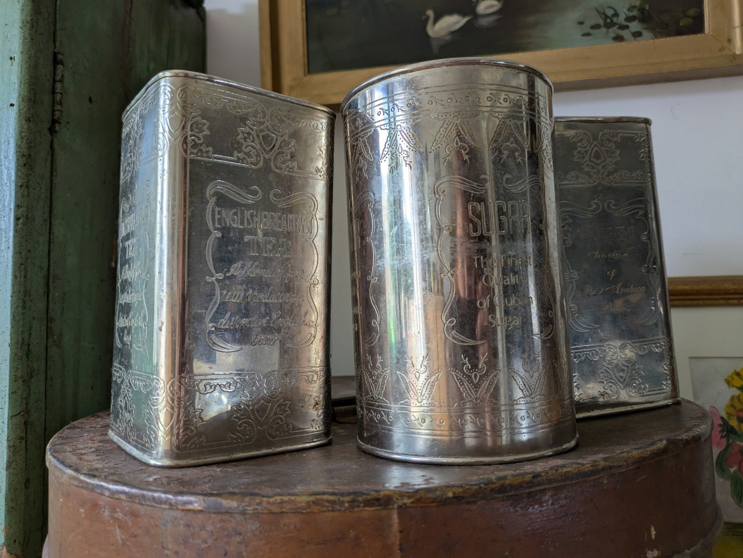 Vintage Canister Set Finest Quality Cuban Sugar, Coffee, Fine Teas Silver Metal