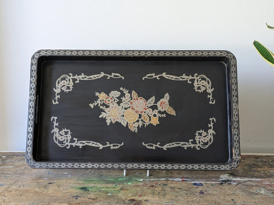 Vintage Chinese Lacquered Serving Tray c. 1950 Painted Floral Black Stencil Atq