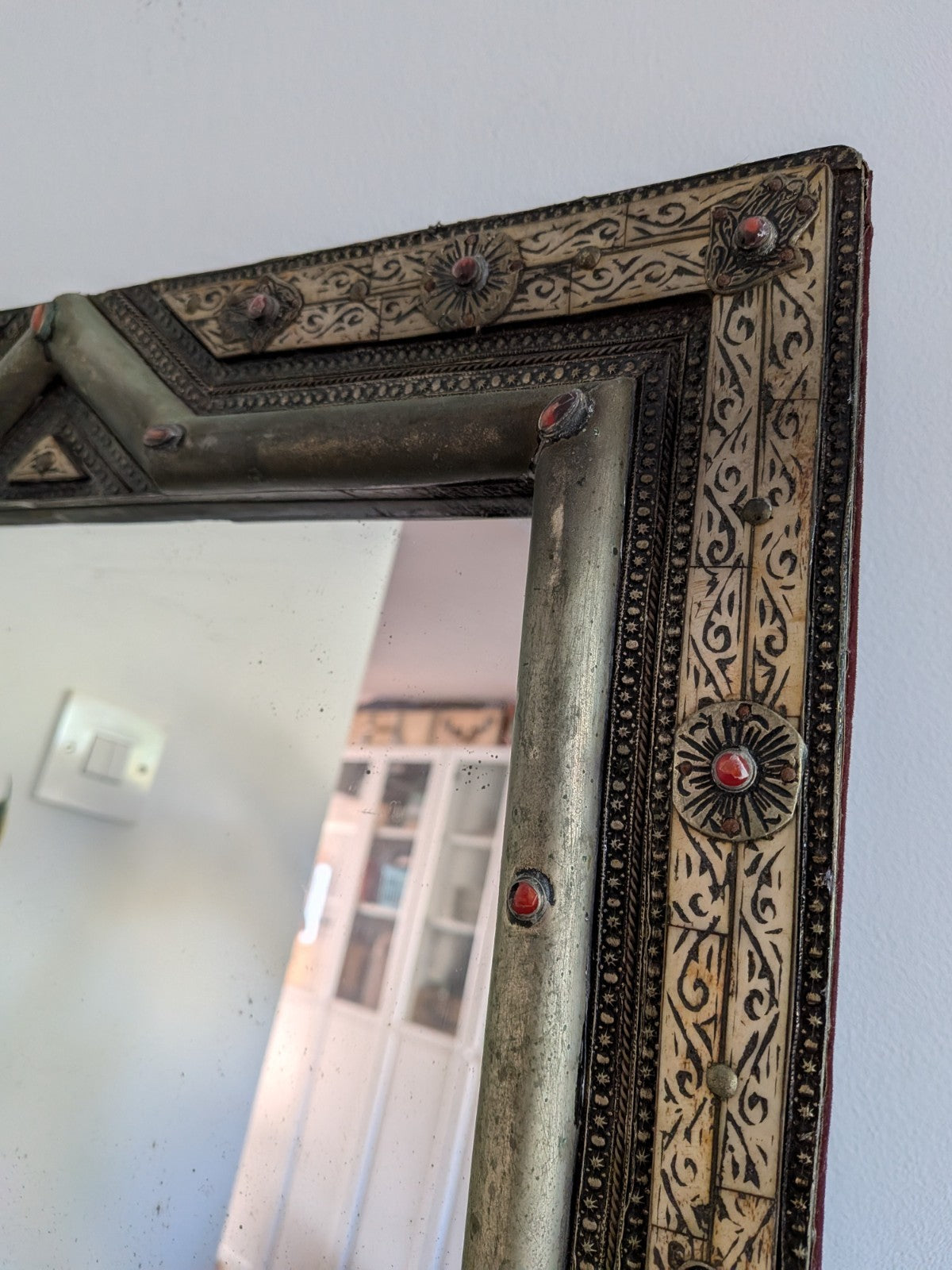 Vintage Ancient Handmade Moroccan Wall Mirror Brass Bone Camel Inlaid Mosaic XL 