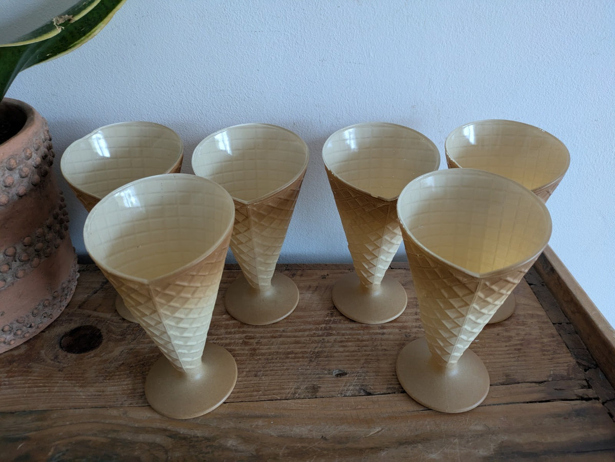 6 x vtg Bormioli Rocco Cornetto Ice Cream Dessert Glass Sundae Bowls Waffle Vtg