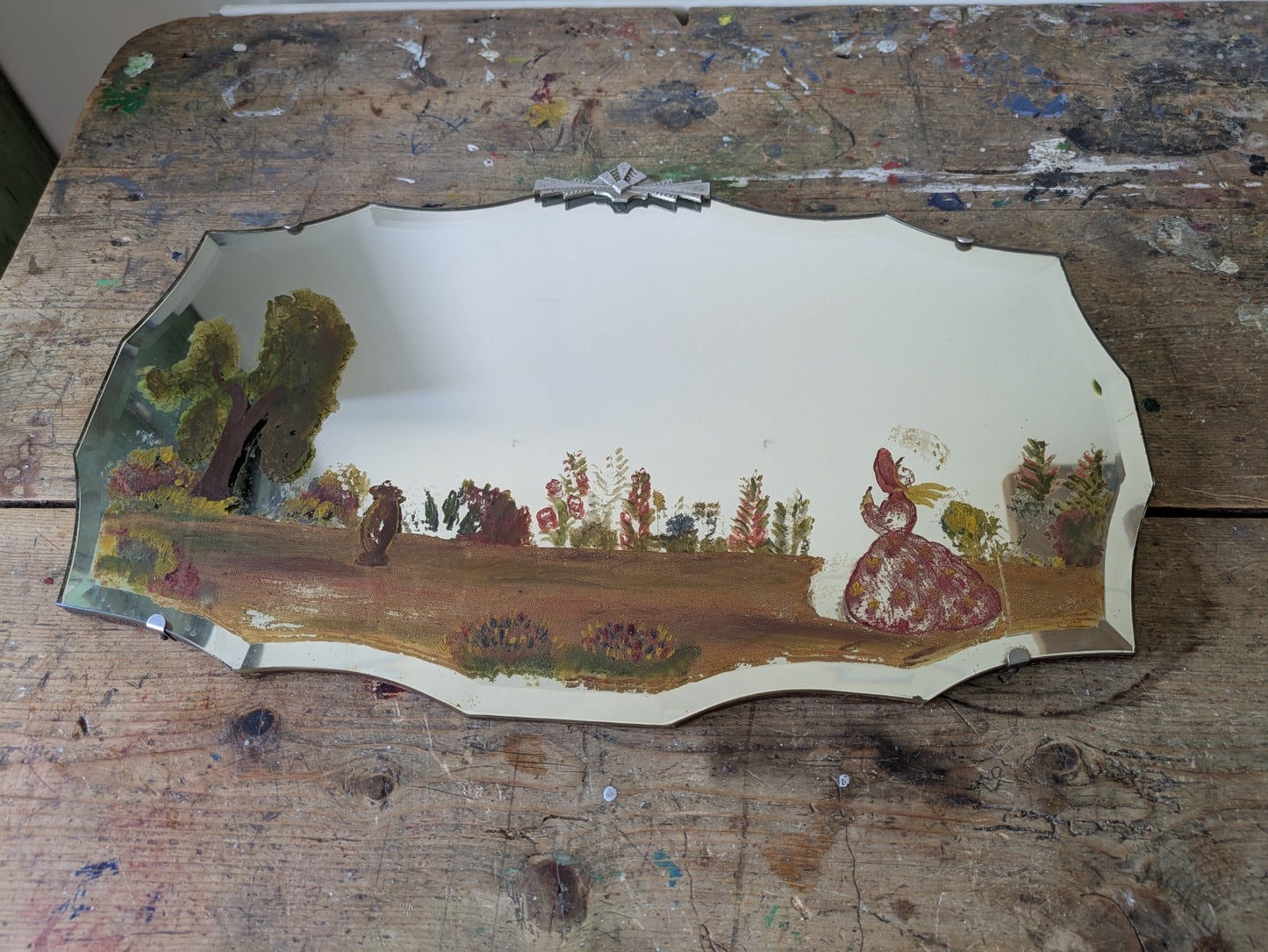 Vintage Art Deco Hand Painted Bevelled Wall Mirror Crinoline Lady Spring Garden