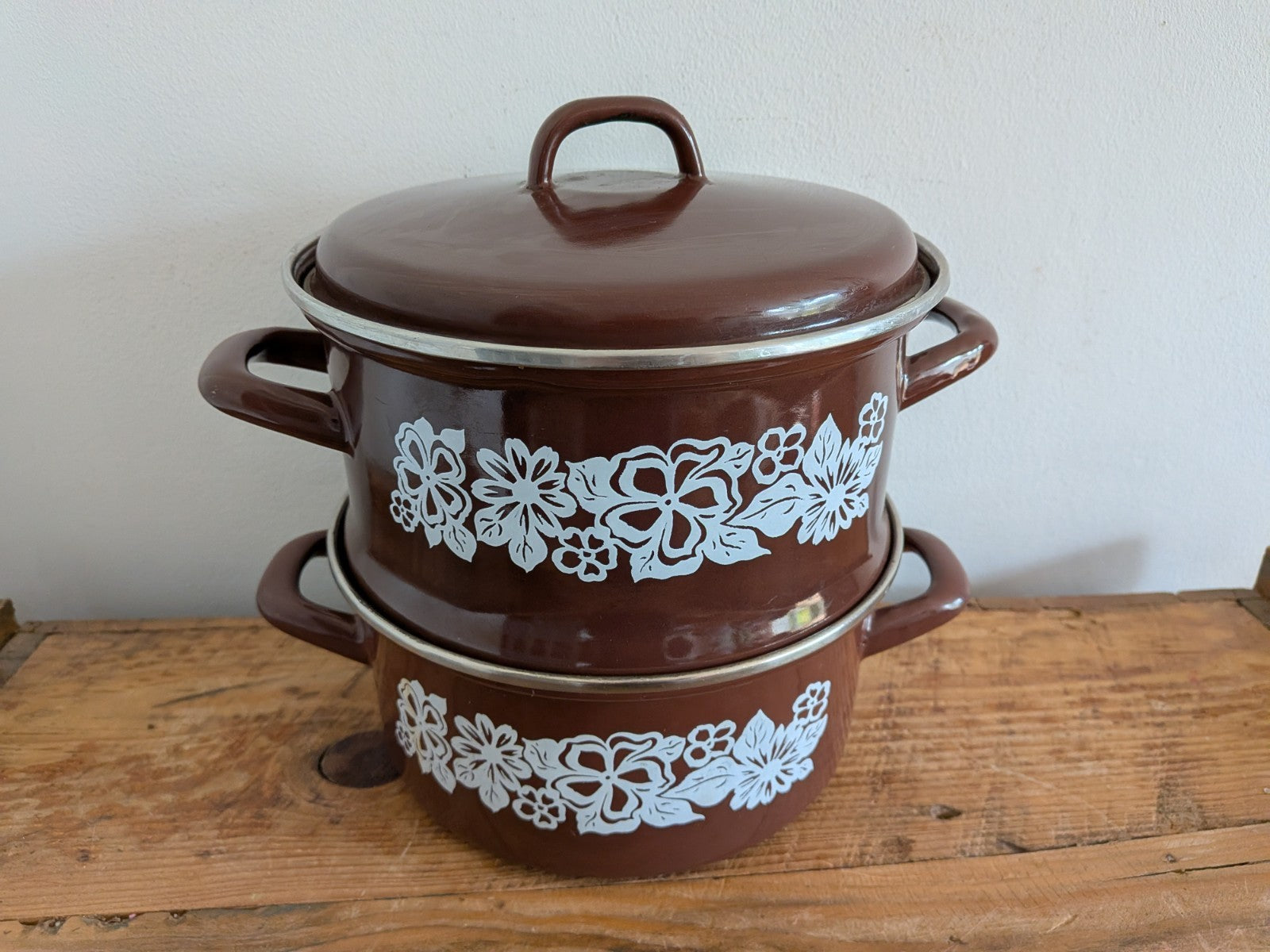 1970's Retro/Vintage Brown Enamel 2 Tier Steamer Stack Cooking Pan/Pot Set Pasta