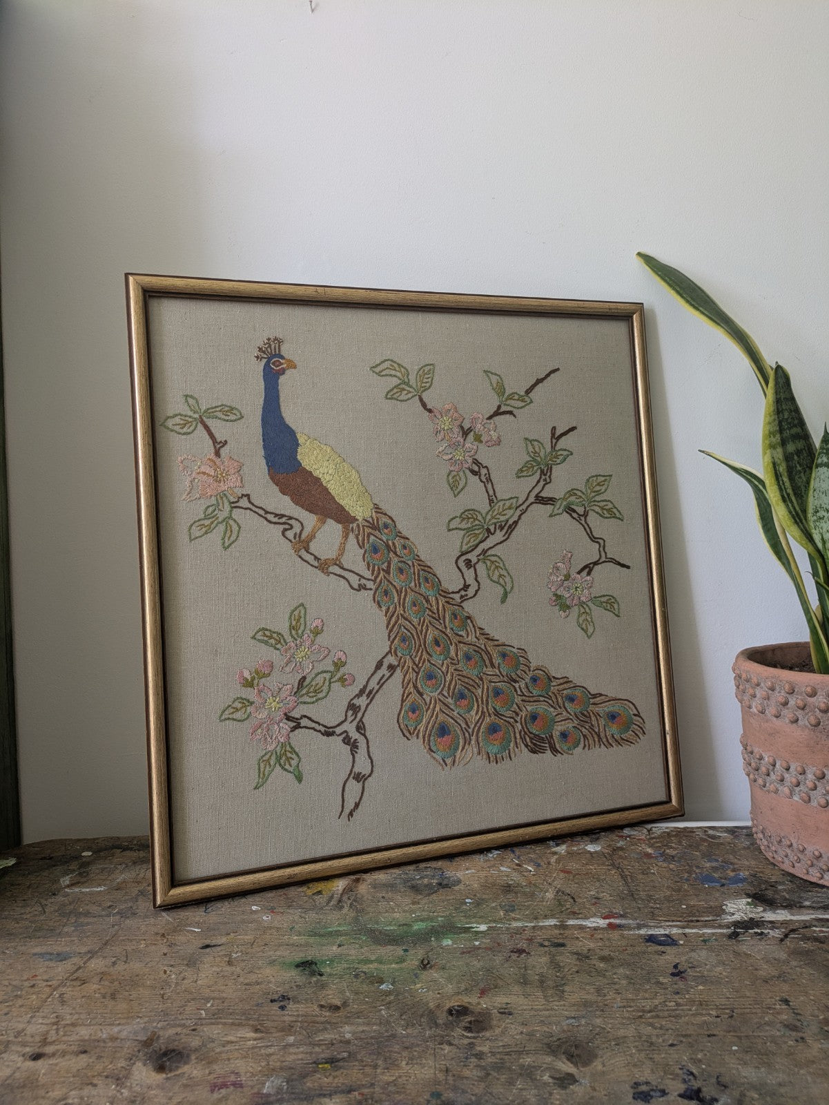 MID CENTURY FRAMED EMBROIDERY PEACOCK ON BRANCH PINK FLOWER LARGE VINTAGE RETRO