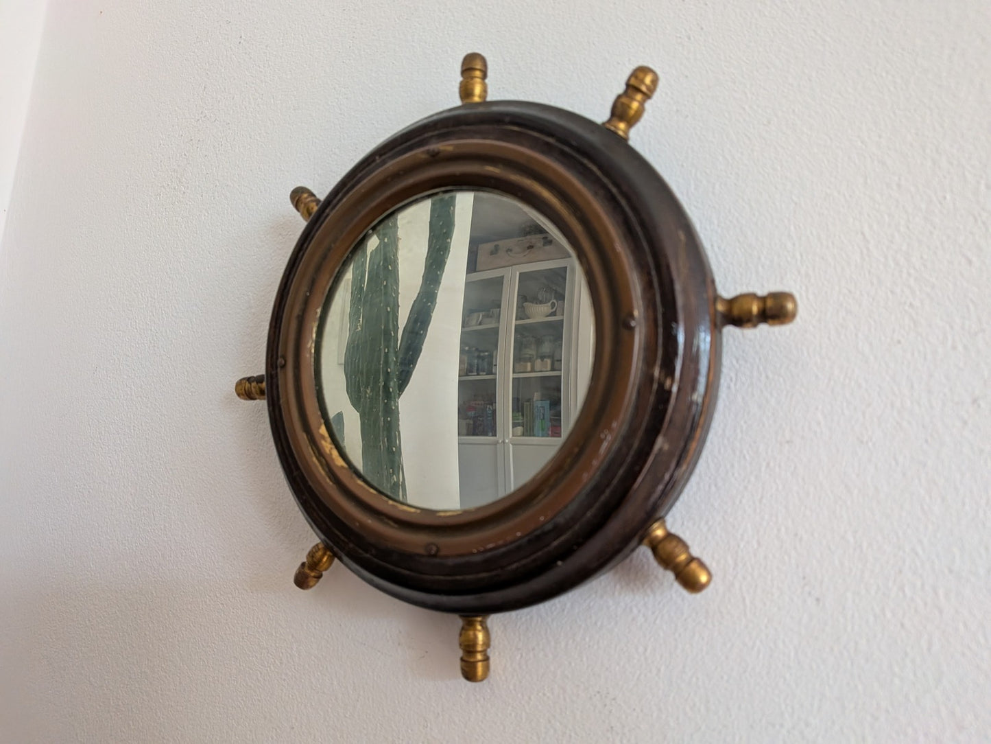 Antique Porthole Maritime Mirror Solid Oak Small Ships Wheel Nautical 1920s Vtg!