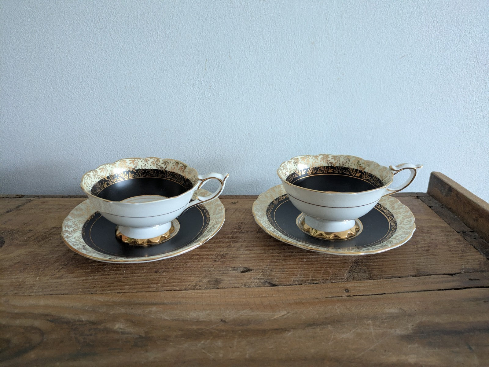 Pair Duos Vintage Royal Stafford Pink Black Gilt Cabbage Rose Cup and Saucer x2