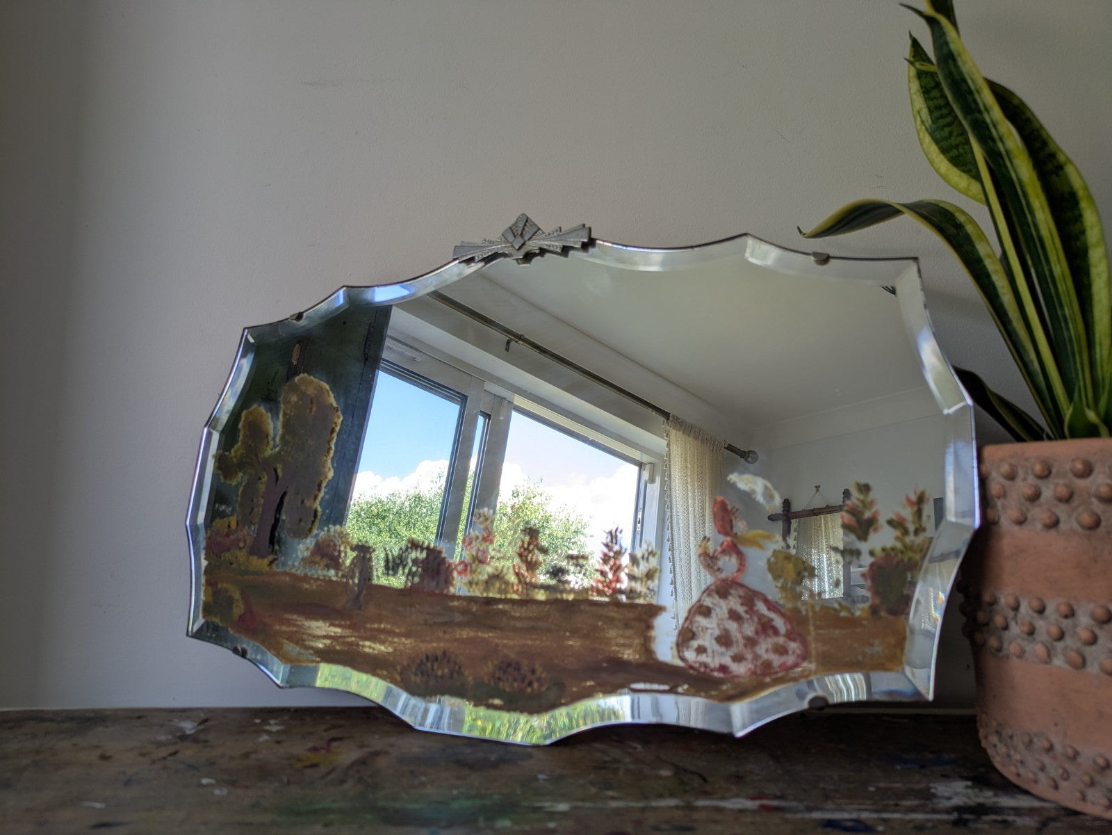 Vintage Art Deco Hand Painted Bevelled Wall Mirror Crinoline Lady Spring Garden
