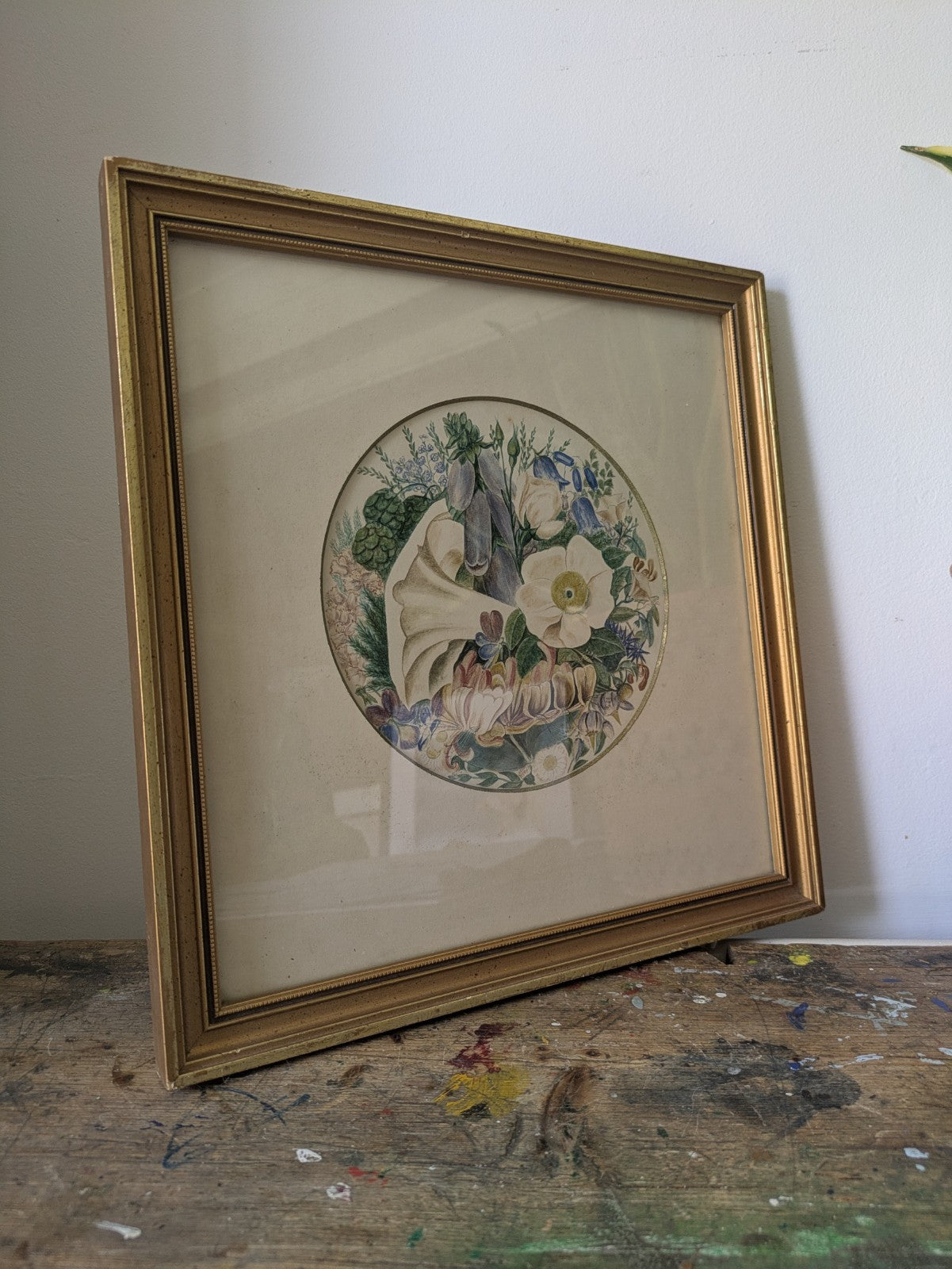 Antique Vintage Floral Watercolour Botanical Framed Garden Bouquet Painting Art