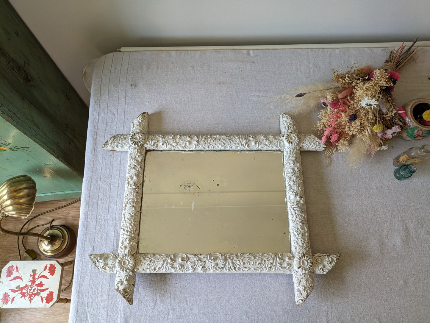 Late 19th century French Detailed distressed mirror Chippy Antique Rare Mercury
