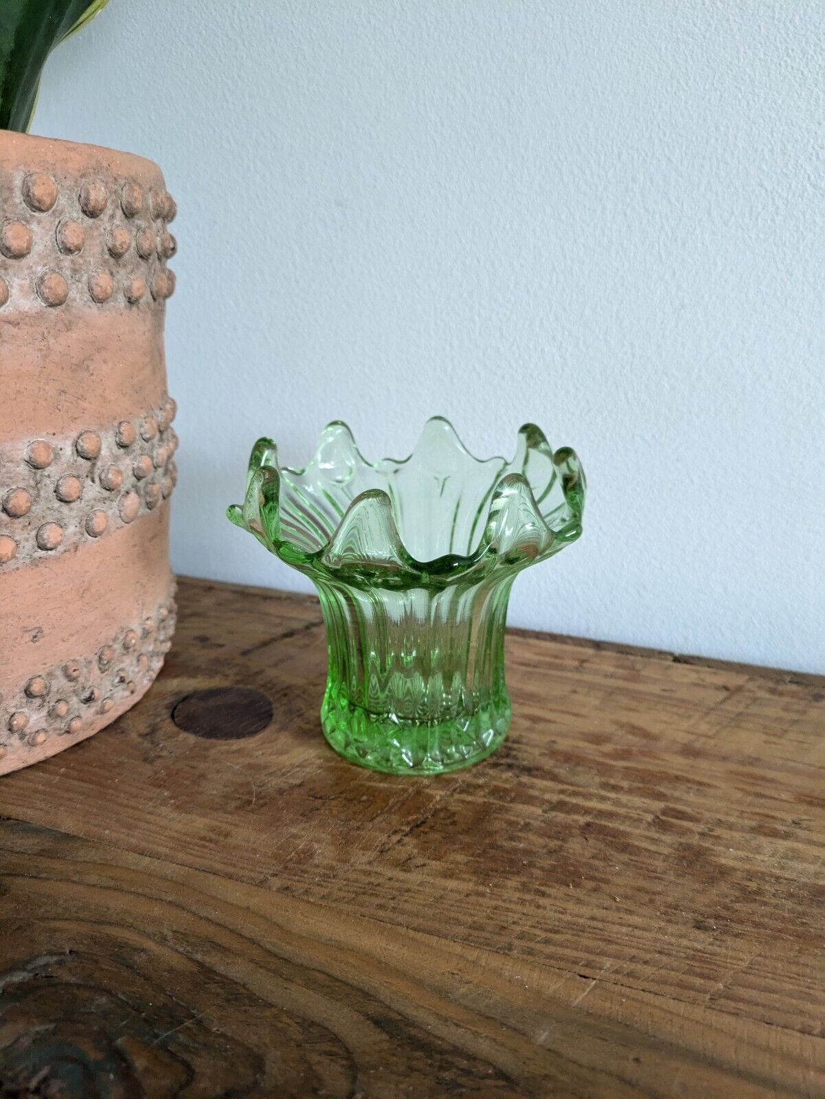 Vintage Art Deco 1930's SOWERBY Lily Gren Pressed Art Glass Posy Vase VGC Small