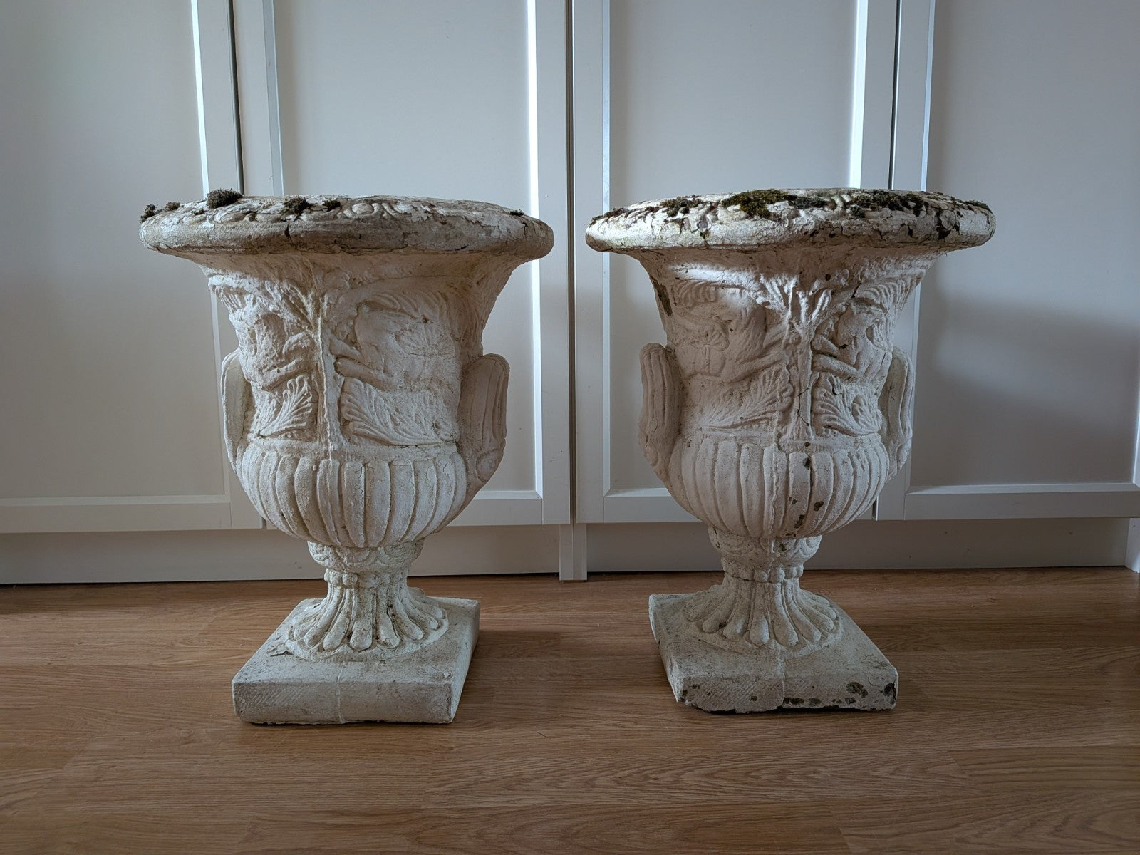 Pair Reclaimed Classical Medici Garden Urn Planter Cast Stone Handles Weathered