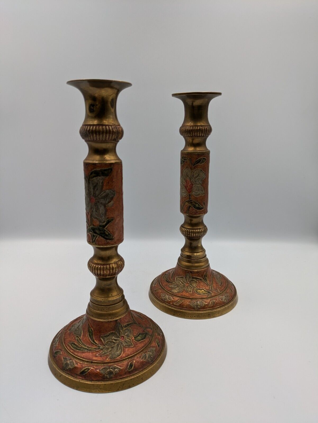 Pair Of Vintage Cloisonne Brass Candle Holder Enameled Brass Red & Blue Floral