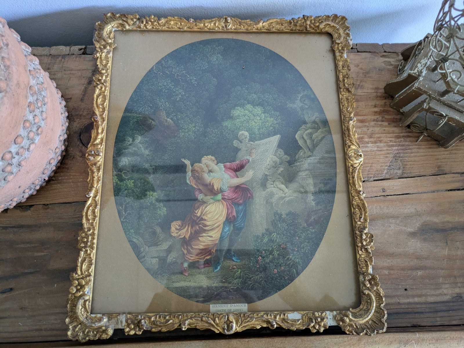 Antique 19th Cent Colored Engraving Le Serment d'Amour  The Lover's Oath Framed 