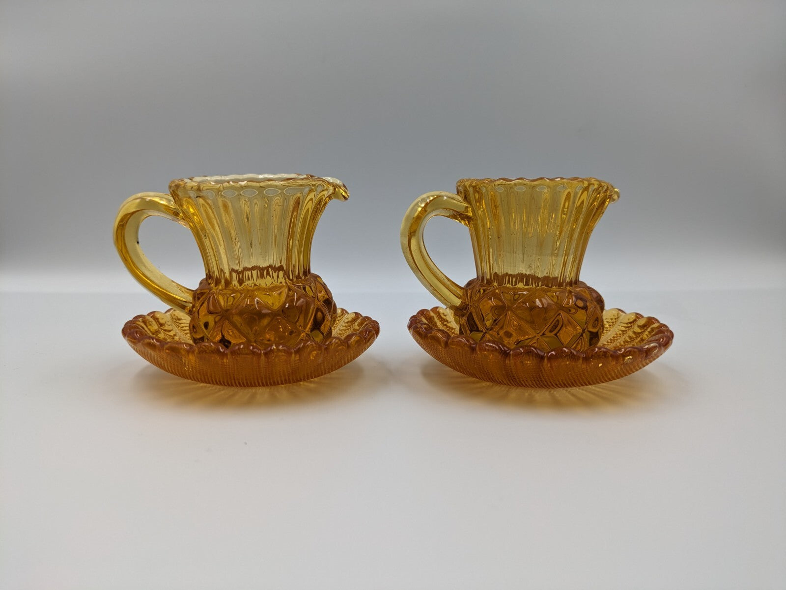 2x Vintage Amber Glass Thistle Shape Cream Milk Jug Toothpick Holder Saucer Rare