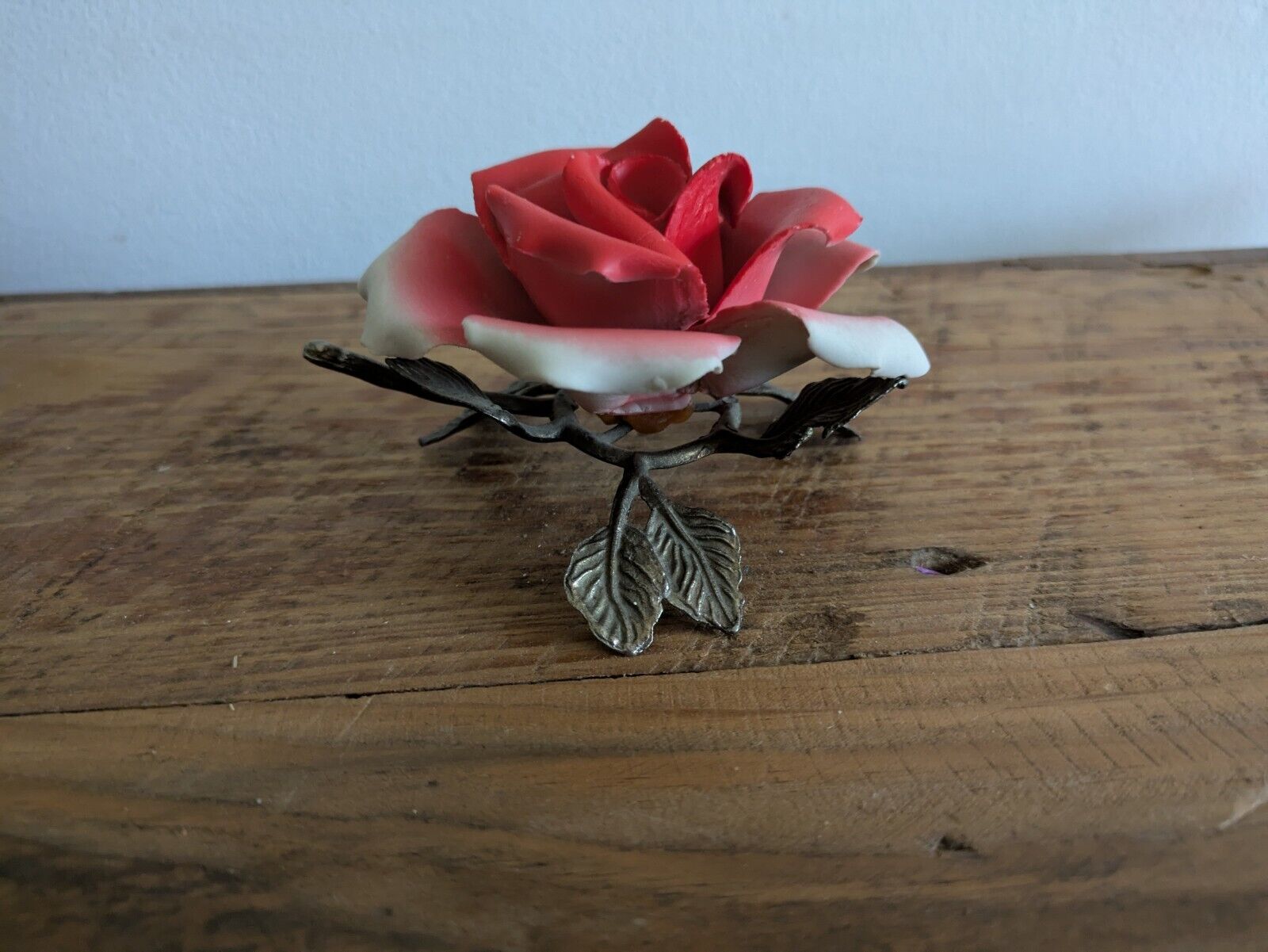 Vintage Capodimonte ~ Red Rose Flower On Metal Stand  ~ Excellent 1970s Kitsch