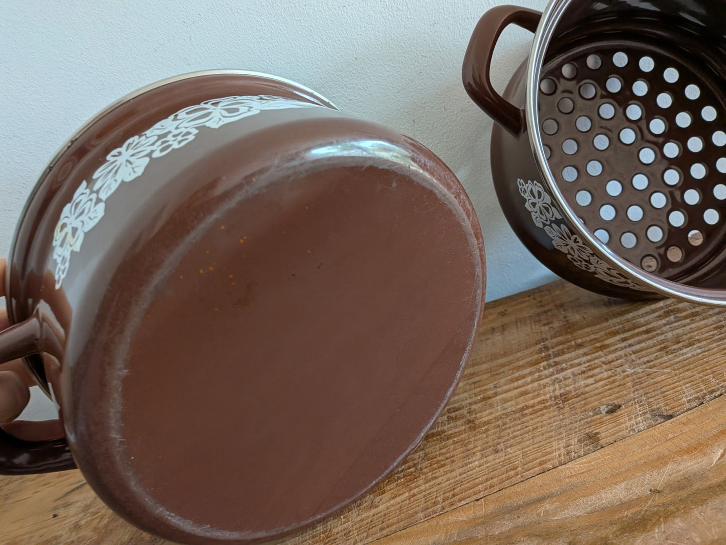 1970's Retro/Vintage Brown Enamel 2 Tier Steamer Stack Cooking Pan/Pot Set Pasta