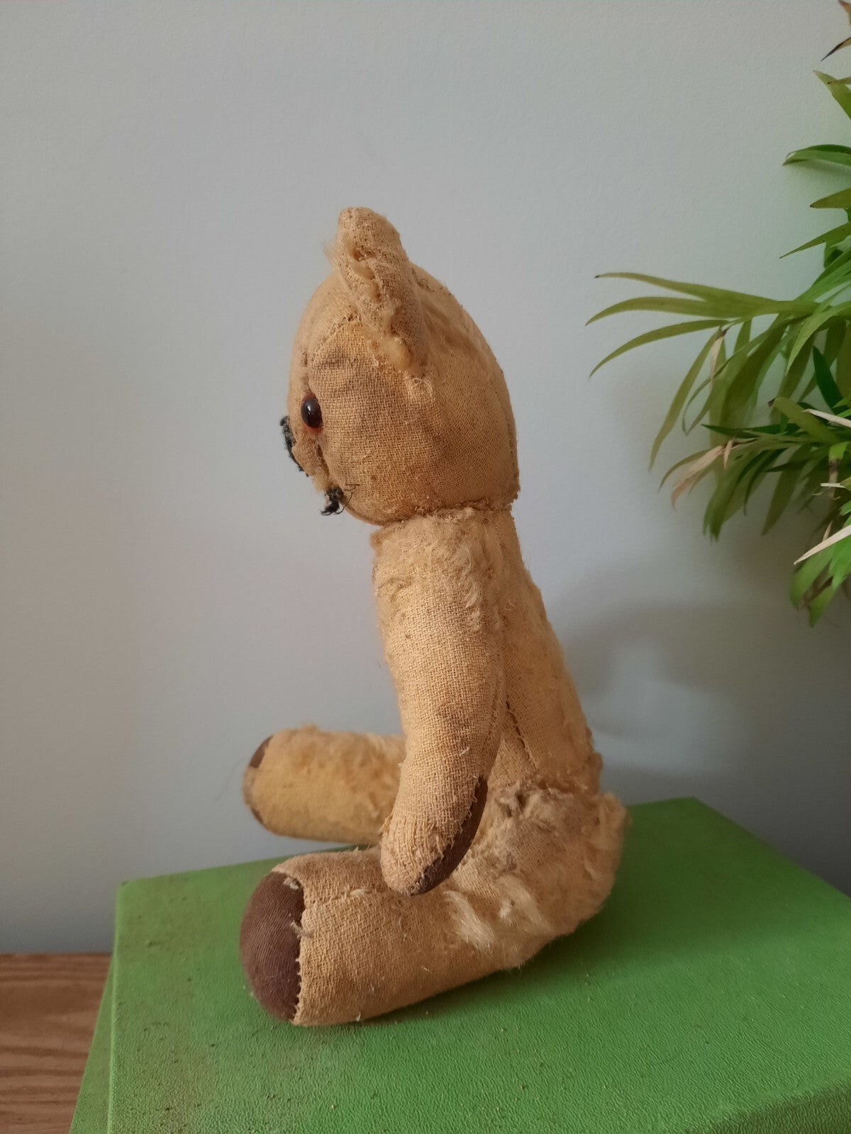 Antique Small Jointed Old Mohair Teddy Bear straw stuffed vintage RARE worn toy!