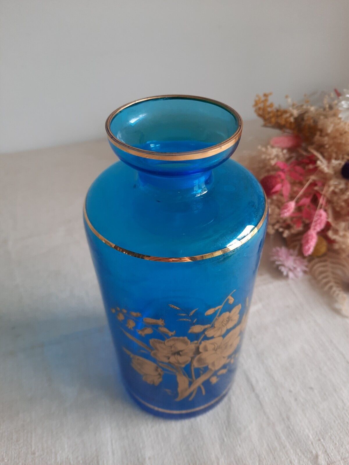 Retro Cobalt Blue Glass Decanter with Floral Gilt Decor Bottle Vase Prop Vtg Old