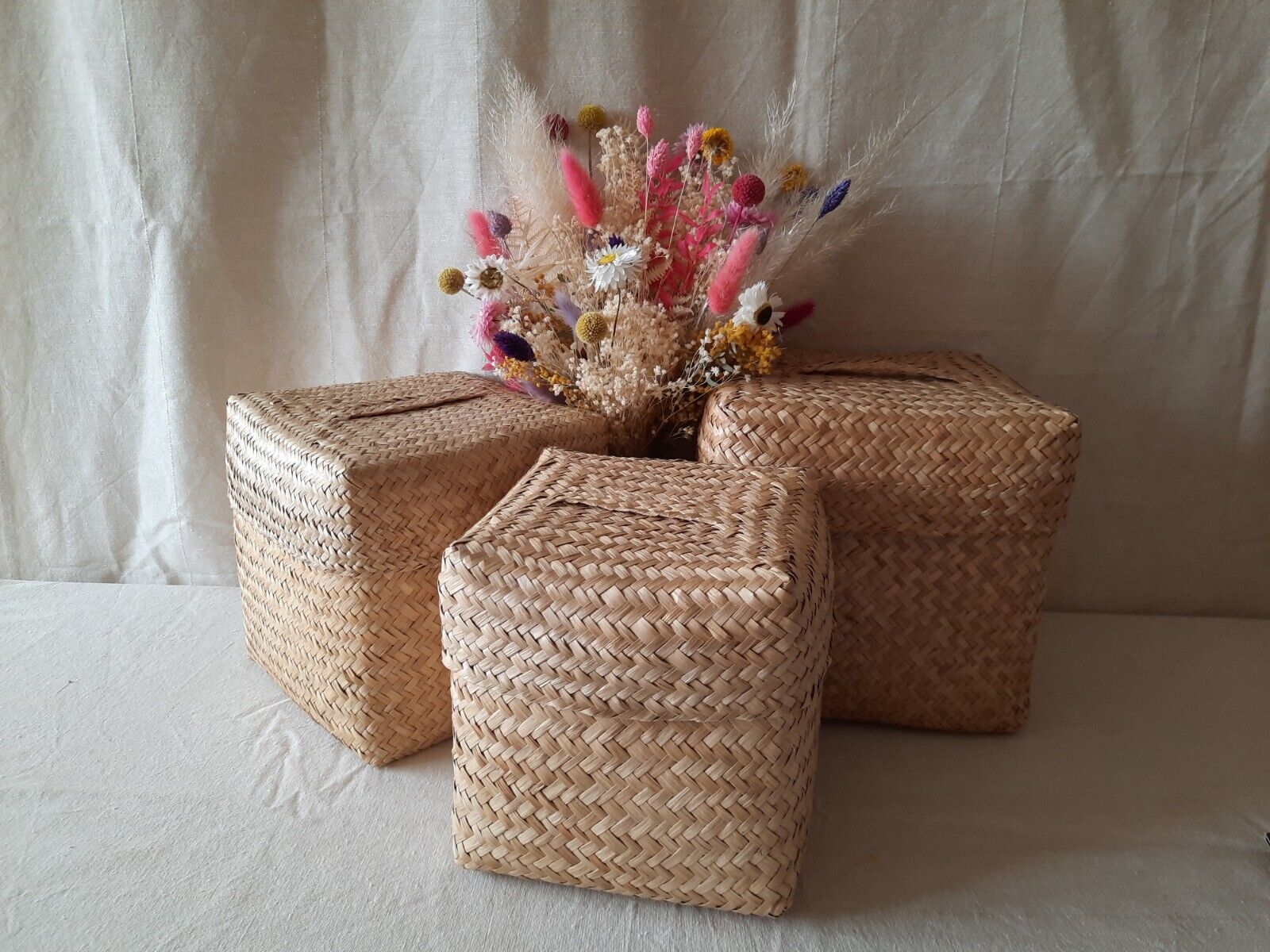Set Of 3 Wicker Cane Woven Nested Storage Baskets Boxes Stacking graduated squar