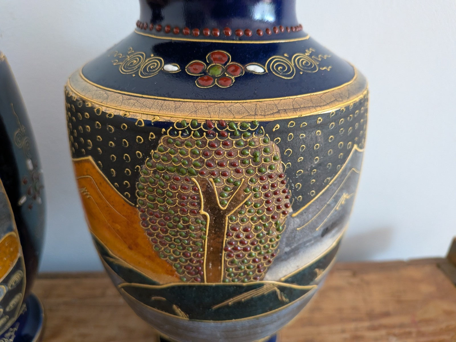 Pair Antique Early 1900s Satsuma Moriage Oriental Vase / Made in Japan Blue Vgc