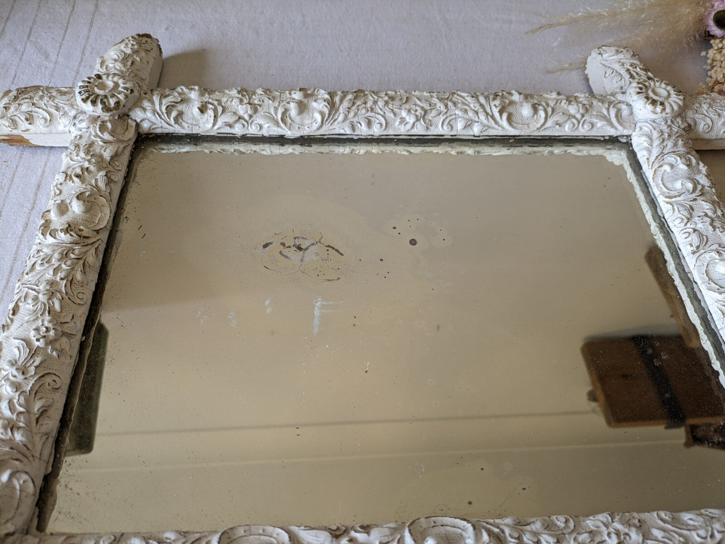 Late 19th century French Detailed distressed mirror Chippy Antique Rare Mercury