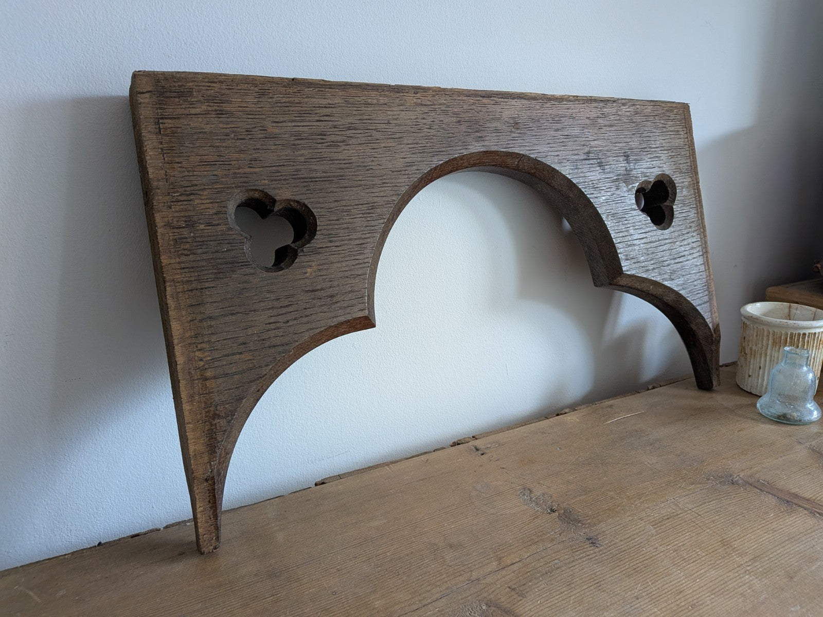 Antique Gothic Revival Panel Solid Oak Wood Salvage Piece Clover Arch Decor Vgc