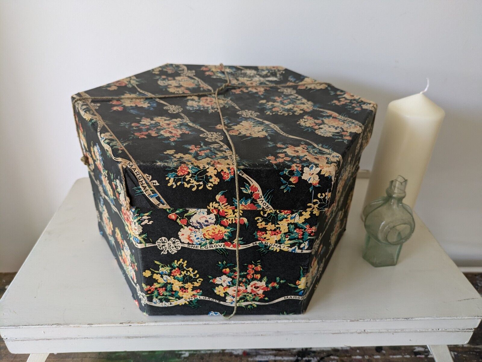 Marshall and Snelgrove vintage large hat box 1950's Hexagonal Floral Storage Vgc