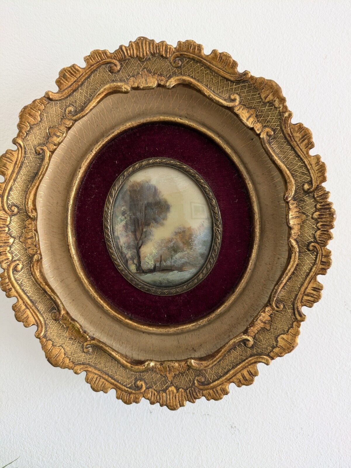 Antique Miniature Porcelain PAINTING In Gilt Oval Frame Velvet VTG Argentena